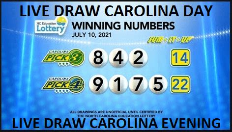 Live draw north carolina day - Watch here North Carolina Pick 3 Evening lottery ticket costs that are $0.50 or $1 Per Play. Pick a lucky number for any day of the week. What is the Next Draw Date & Time for North Carolina Pick 3 Evening Lottery? 17 October 2023 (Tuesday) at (11:22) P.M., ET is the next draw date and time for North Carolina Pick 3 Evening lottery.